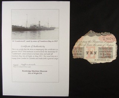 1917 S.S. Camberwell Shipwreck Recovered 1916 India (British) 10 Rupee Note COA