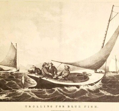 1952 Trolling Fishing Blue Fish Plate Lithograph Art Print Currier & Ives DWLL15